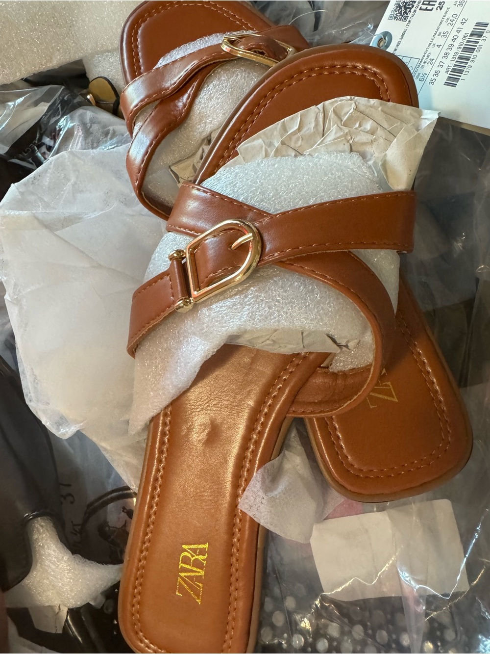 Zara Tan Leather Buckle Cross-Strap Sandals